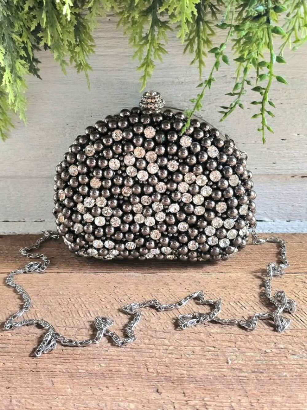 Gray & Silver Beaded Jewel Clasp Maurices Crossbody Purse Evening Clutch Bag